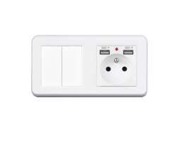 UNIC Elektrick zsuvka (230V+2xUSB 5V/2,1A) + dvojvypna lustrov sriov .5 v rmeku 153mm, plast bl - 308 K