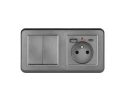 UNIC Elektrick� z�suvka (230V+USB+USBc 5V) + dvojvyp�na� lustrov� s�riov� �.5 v r�me�ku 153mm, plast �ed� - 309 K�