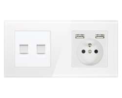 SRAN  Dvojn�sobn� sklen�n� r�me�ek v�etn� z�suvky 230V+2xUSB 5V/2,1A + modul MDN2RJ45 2xRJ45 v b�l� barv� - 236 K�