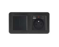 UNIC Elektrick zsuvka (230V+USB+USBc 5V) + dvojvypna lustrov sriov .5 v rmeku 153mm, plast ern - 348 K