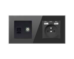 SRAN Elektrick zsuvka 230V+2*USB + RJ45+TV v rmeku 147mm, ern sklo - 250 K