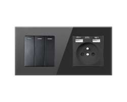 SRAN Elektrick zsuvka 230V+2*USB 5V/2,1A + trojvypna v rmeku 147mm, ern sklo - 250 K