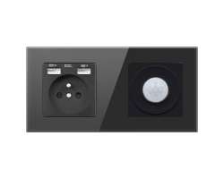SRAN zsuvka 230v + 2xUSB5V + PIR vypna se sklennm dvojrmekem dvojrmekem sklo ernm - 290 K