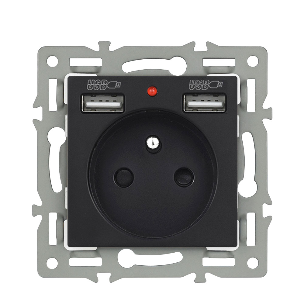 Modul zsuvka 230V + 2xUSB napjen ern do rmeku 82mm